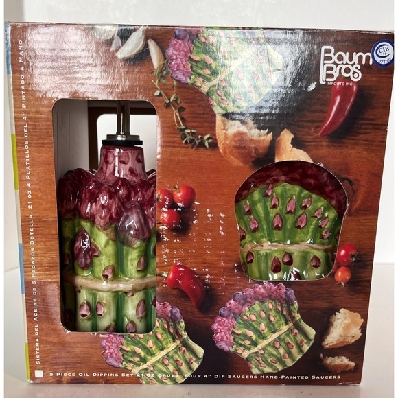 Fresco Mercado Asparagus Shaped Olive Oil Cruet with 4 Dip Saucers - Picture 1 of 14